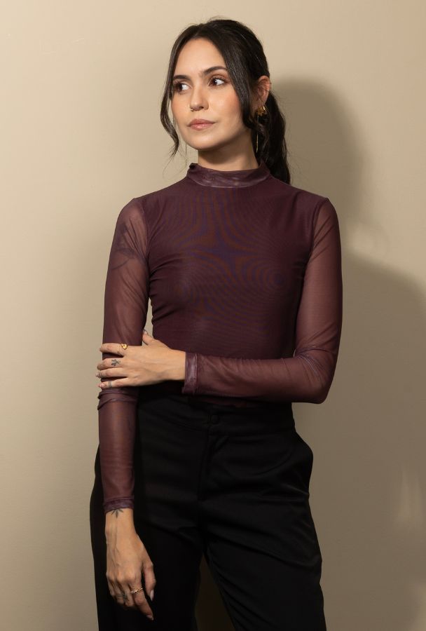 Camibuzo Mesh con mangas en transparencia Vino tinto